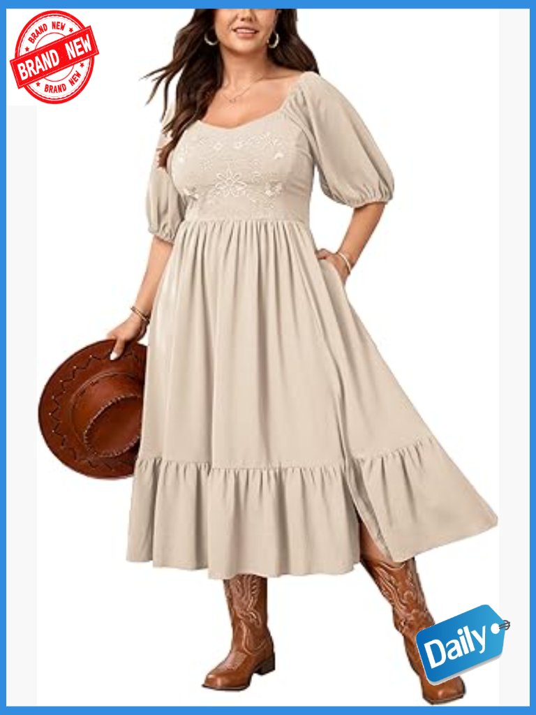 Plus Size Midi Dress Floral Embroidered Smocked Ruffle Split Boho